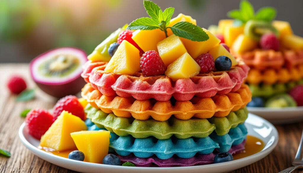 découvrez nos gaufres arc-en-ciel garnies de fruits exotiques frais et vitaminés, une explosion de saveurs colorées et saines pour un petit déjeuner ou dessert gourmand.