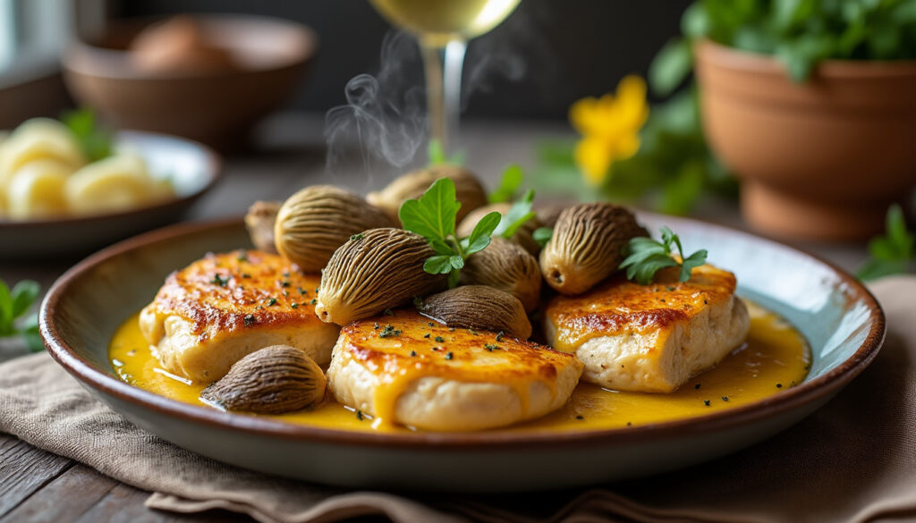 découvrez notre recette facile et savoureuse de poulet au vin jaune et morilles, un plat raffiné qui ravira vos papilles en toute simplicité.
