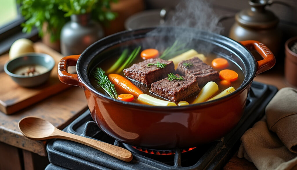 découvrez notre recette traditionnelle savoureuse du pot-au-feu au plat de côte, un plat réconfortant et riche en saveurs pour vos repas en famille.