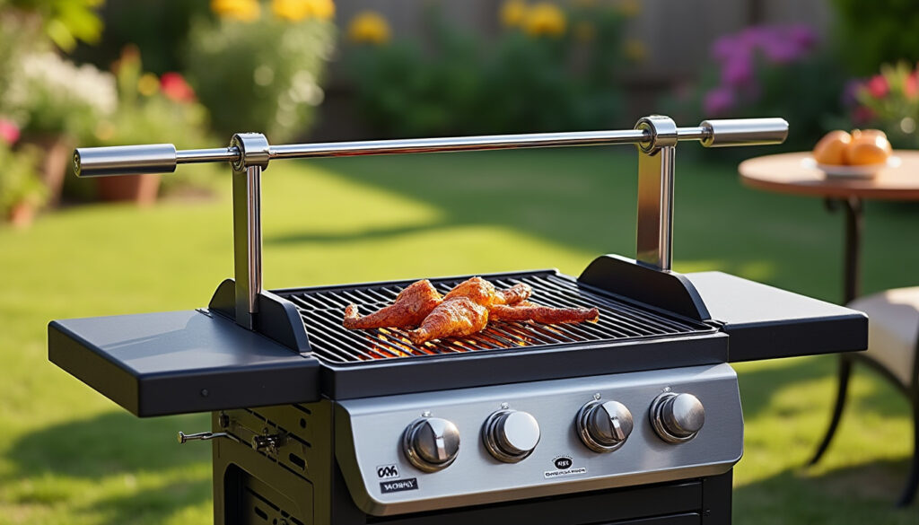 tourne broche méchoui en inox réglable, idéal pour une cuisson extérieure optimale et savoureuse de vos viandes.
